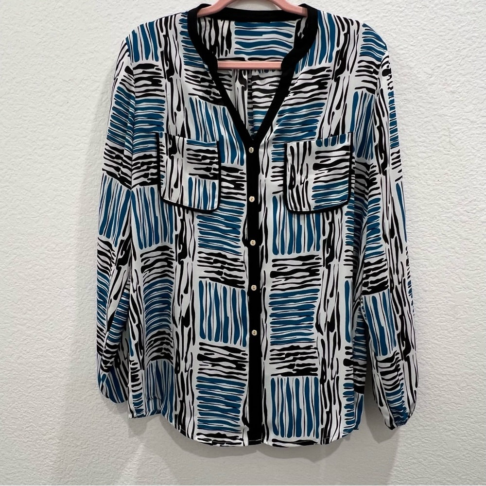 Alfani‎ Blouse Women's 12 Blue/Black Print Button Down Work Blouse Long Sleeves - Picture 2 of 6